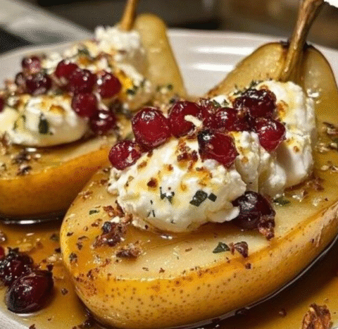 Baked Pears with Goat Cheese, Honey, and Cranberries