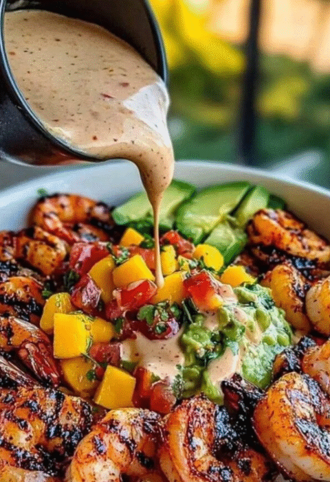 Shrimp and Avocado Bowls with Mango Salsa and Lime Chili Sauce