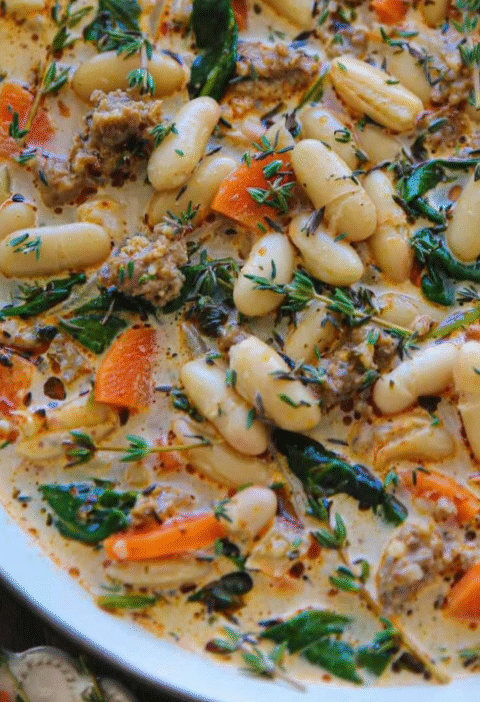 Italian Sausage White Bean Soup with Spinach and Carrots. 30 minutes, ONE-POT