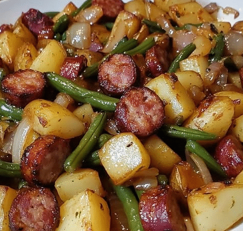 One Pan Sausage, Green Beans, and Potatoes