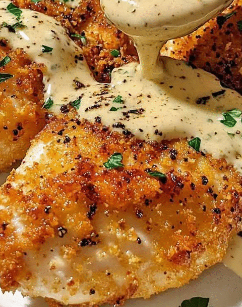 PARMESAN CRUSTED CHICKEN WITH CREAMY GARLIC SAUCE