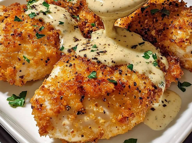 PARMESAN CRUSTED CHICKEN WITH CREAMY GARLIC SAUCE