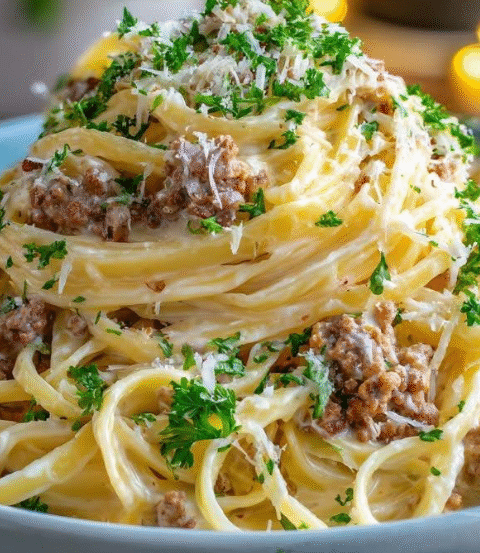 Savory Garlic Butter Ground Beef Linguine in Creamy