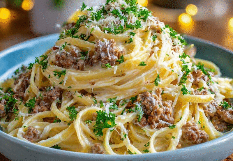 Savory Garlic Butter Ground Beef Linguine in Creamy