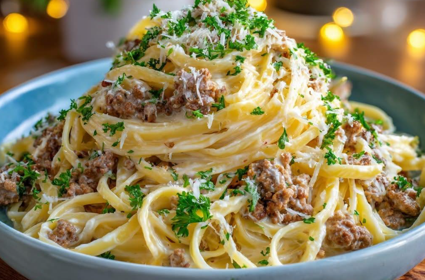 Savory Garlic Butter Ground Beef Linguine in Creamy