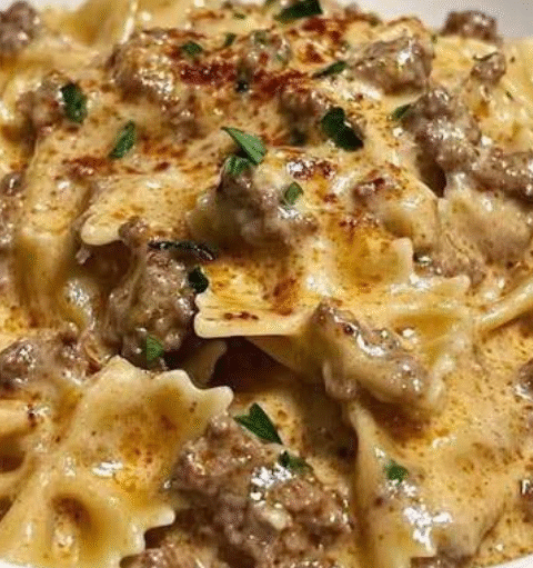 Creamy Parmesan Garlic Beef Bowtie Pasta