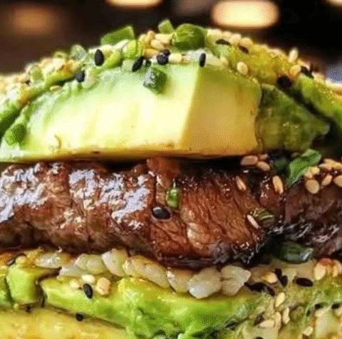 Teriyaki Beef and Avocado Rice Stack