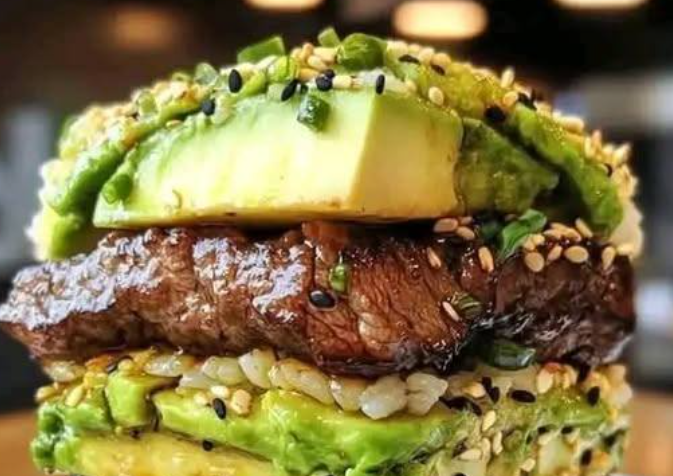 Teriyaki Beef and Avocado Rice Stack