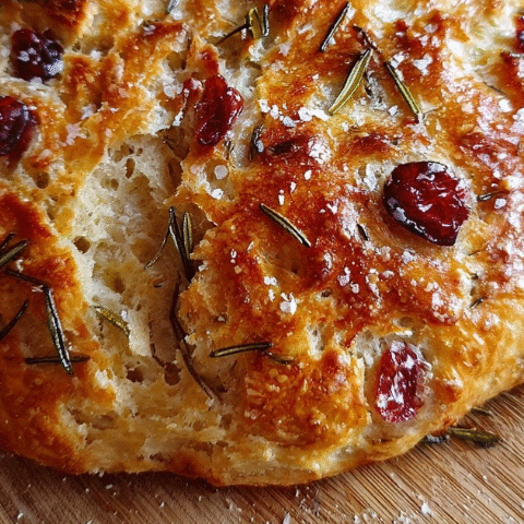 No-Knead Rosemary Cranberry Bread with Olive Oil & Sea Salt Ingredients: 3 cups (360 g) all-purpose flour 1 1/4 teaspoons (7 g) salt 1/2 teaspoon (2 g) instant yeast 1 1/2 cups (360 ml) warm water 1/2 cup (70 g) dried cranberries 2 teaspoons (1 g) fresh rosemary, chopped 2 tablespoons (30 ml) olive oil, plus extra for drizzling Sea salt, for sprinkling Directions: In a large bowl, combine flour, salt, and yeast. Stir in water until a sticky dough forms. Fold in cranberries and rosemary. Cover the bowl with plastic wrap or a clean kitchen towel. Let the dough rise at room temperature for 12–18 hours, until bubbly and doubled in size. Preheat the oven to 450°F (230°C). Place a Dutch oven or heavy oven-safe pot inside to heat for 30 minutes. Carefully transfer the dough into the hot pot. Drizzle with olive oil and sprinkle with sea salt. Cover with the lid and bake for 30 minutes. Remove the lid and bake an additional 15 minutes, until the crust is golden and crisp. Cool on a wire rack before slicing. Prep Time: 15 minutes Rising Time: 12–18 hours Cooking Time: 45 minutes Total Time: 13–18 hours 45 minutes Kcal: 220 per slice Servings: 8