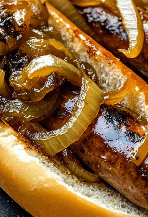 Oven Braised Beer Brats with Caramelized Onions
