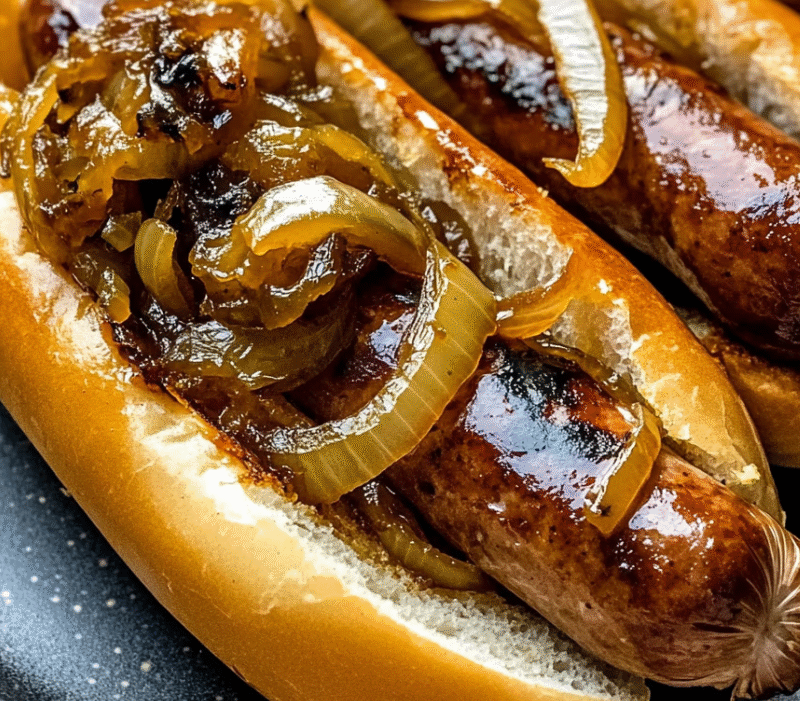 Oven Braised Beer Brats with Caramelized Onions