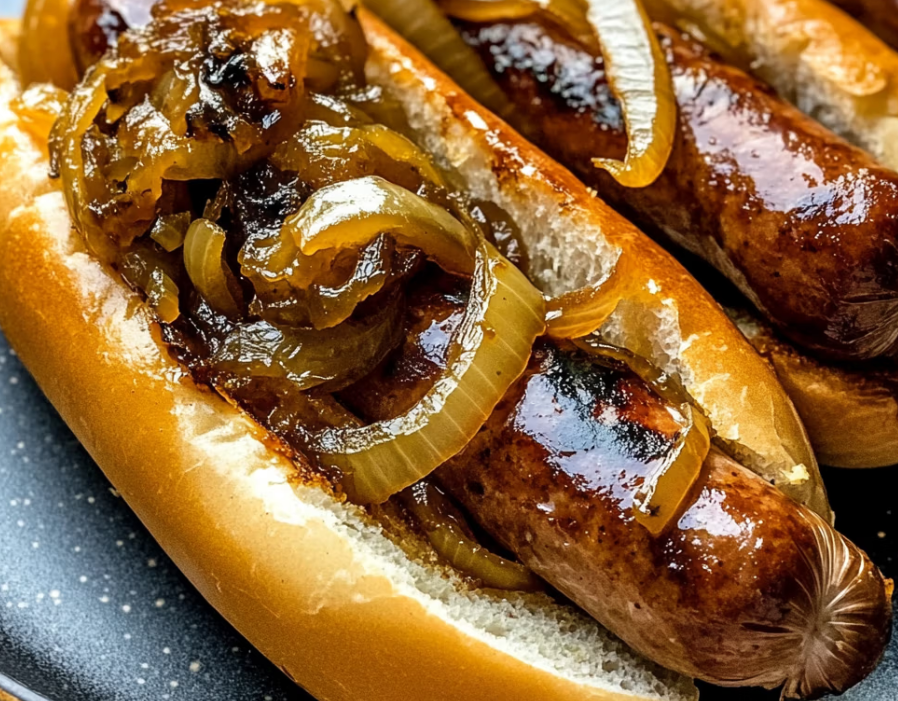 Oven Braised Beer Brats with Caramelized Onions