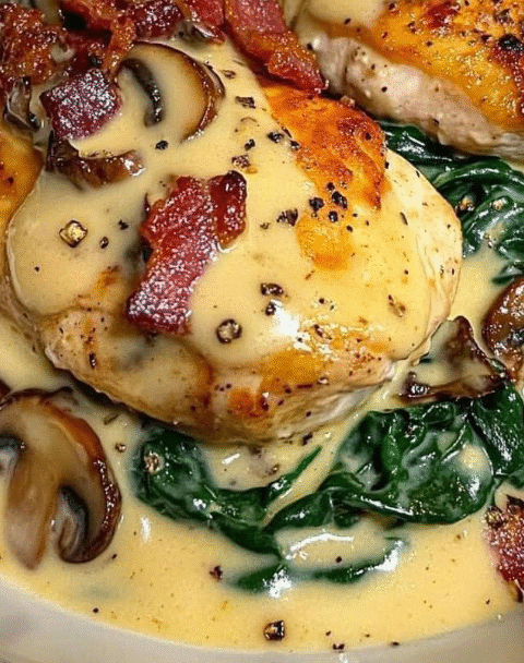 Smothered Chicken with Creamed Spinach, Bacon, and Mushrooms