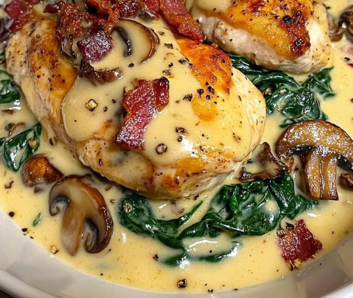 Smothered Chicken with Creamed Spinach, Bacon, and Mushrooms