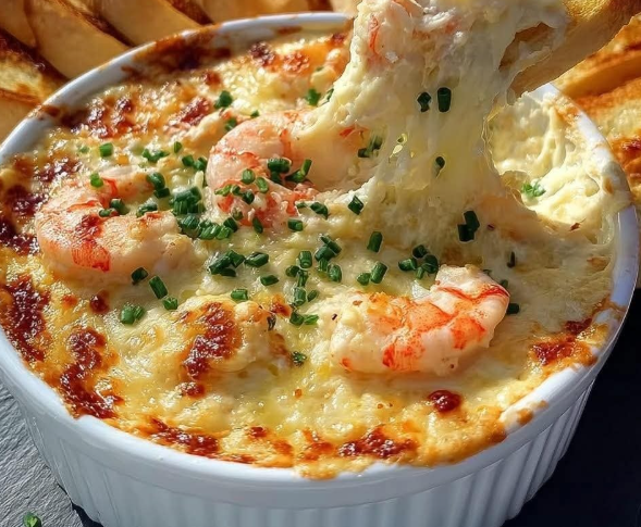Hot Cheesy Shrimp Dip with Garlic Toast Melty, creamy, and totally crave-worthy party snack gold!